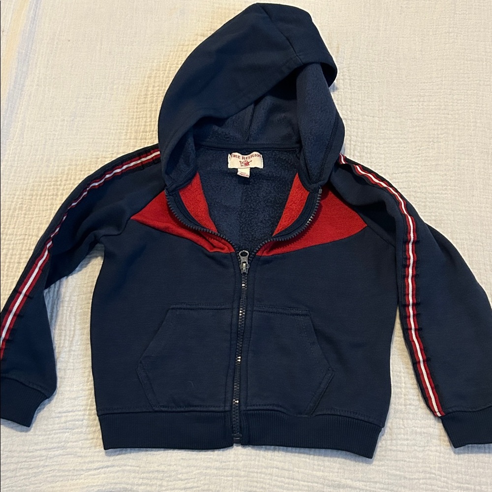 TRUE RELIGION Kids Navy and Red Fleece Jacket Hoodie Zip Up Stripe Play Track 4T